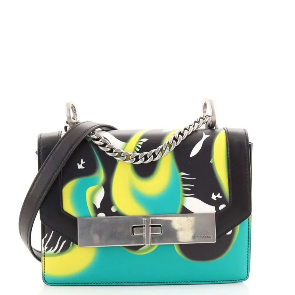 Prada Severine Chain Shoulder Bag Printed Leather Black, Print, Multicolor - Picture 1 of 10